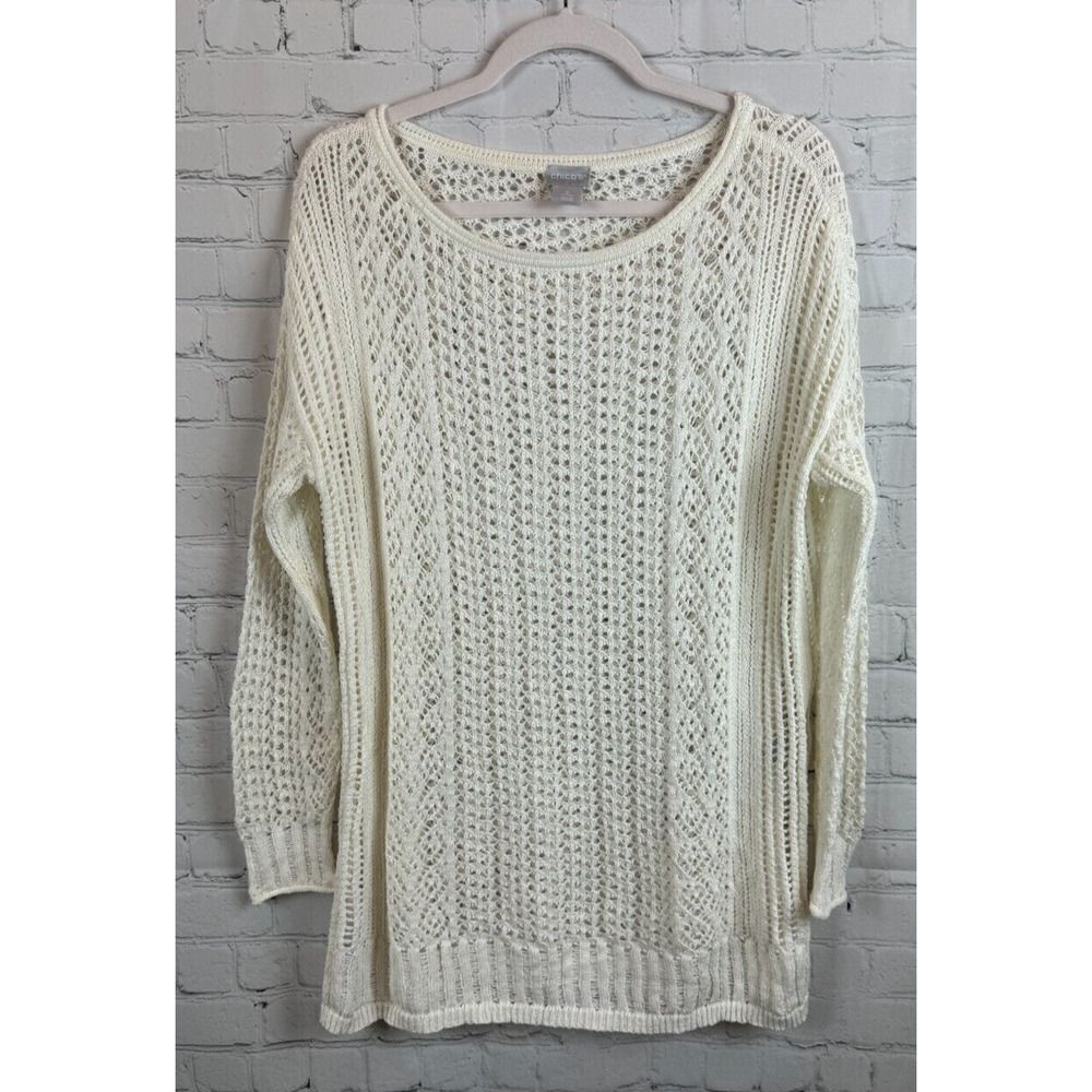 CHICO'S cotton blend white knit crochet semi-sheer sweater pullover size 2 L